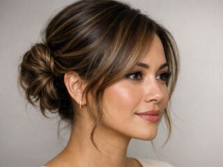 Medium hair twisted low bun updo with soft face-framing strands, front 3/4 view