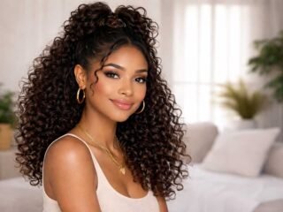 Realistic horizontal photo of a woman with defined, voluminous curls styled half-up with a claw clip, wearing gold hoops and a neutral tank—an easy curly hairstyle for busy baddies.