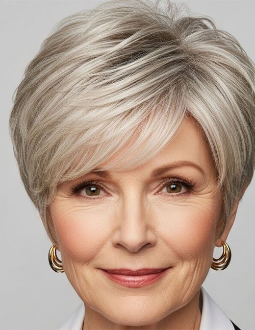 Silver short layered pixie with side-swept bangs, styled smooth and voluminous.