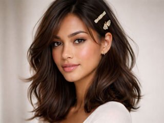 Side-part wavy shoulder-length hair with pearl clips