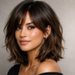 Layered wavy lob with curtain bangs, close-up salon portrait