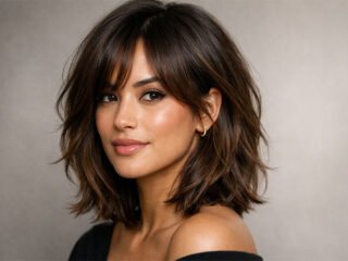Layered wavy lob with curtain bangs, close-up salon portrait