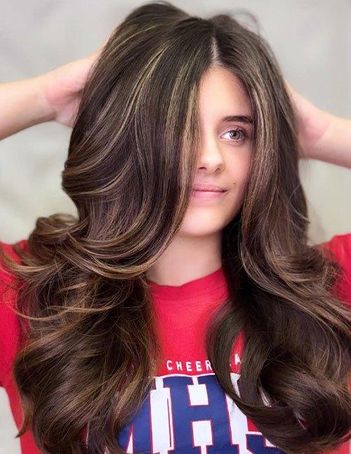 Easy Thick Hair Style with long, voluminous layered blowout and face-framing highlights.