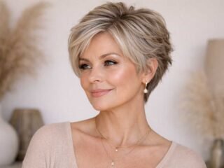 Woman over 50 with an elegant short pixie cut styled with soft volume.