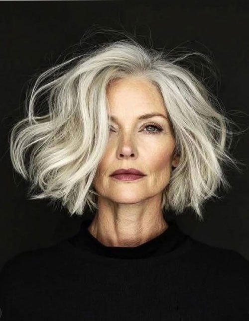 Elegant Side Sweep with textured wavy bob and dramatic volume