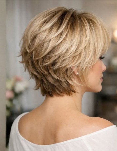 Side view of a feathered layered bob in blonde tones for fine hair.