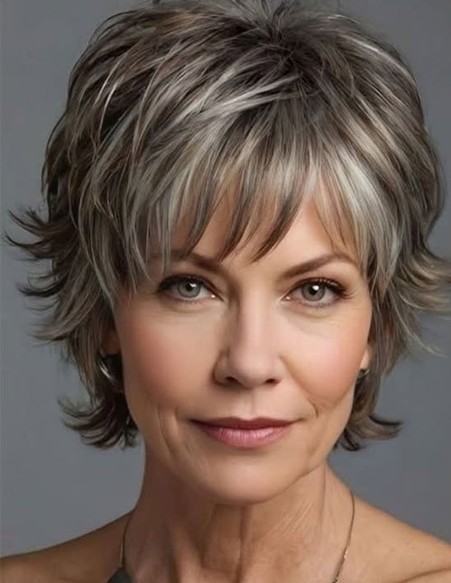 Feathered pixie cut with wispy bangs and layered volume