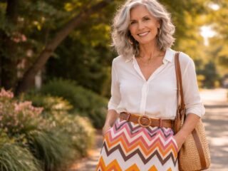 Stylish woman over 60 with shoulder-length waves wearing a zigzag skirt outdoors in soft sunlight.