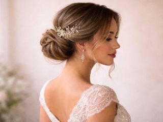 Formal hairstyle for medium-length hair on a young woman with a low textured bun adorned with a pearl hairpiece, wearing an elegant lace gown.