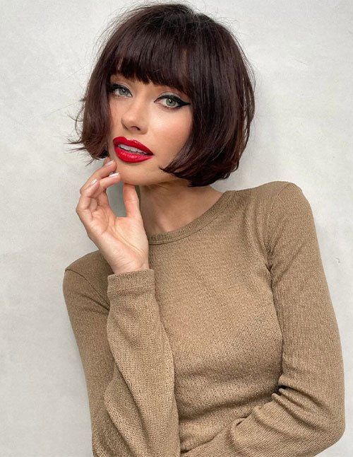 French Bob for Fine Hair with short rounded shape and blunt fringe bangs