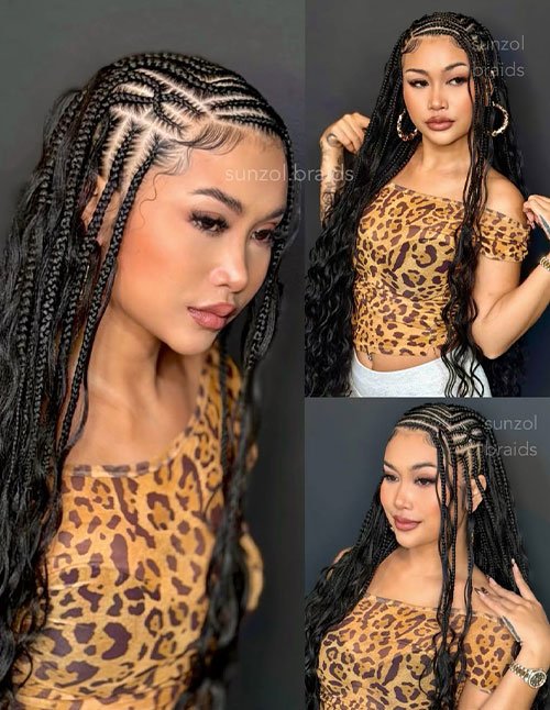 Woman wearing Fulani-inspired braids with detailed cornrow patterns at the scalp and long, loose curls flowing through the braided lengths.
