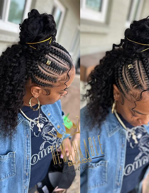 Goddess braids half-up style with neat scalp braids leading into a half-up bun and long, loose curly hair.