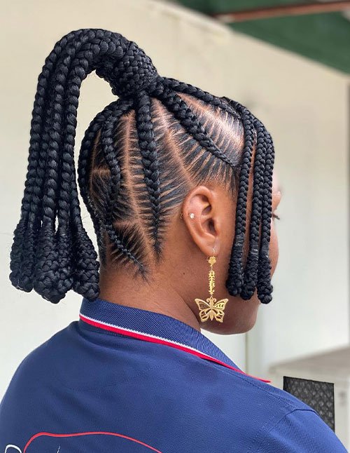 Goddess braids ponytail with sleek feed-in cornrows and thick jumbo braids gathered into a high ponytail, plus short front braid pieces.