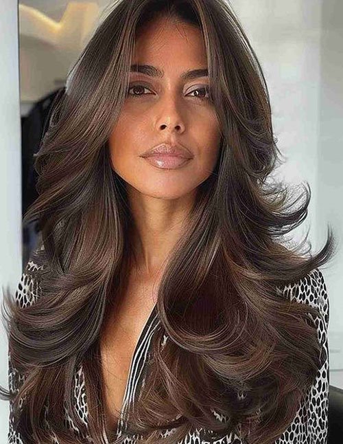 One woman with medium-length layered hair styled in a smooth blowout, featuring long face-framing layers and soft volume.