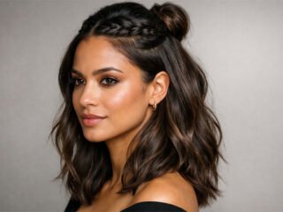 model with half-up braid hairstyle and loose wavy hair, salon-style finish
