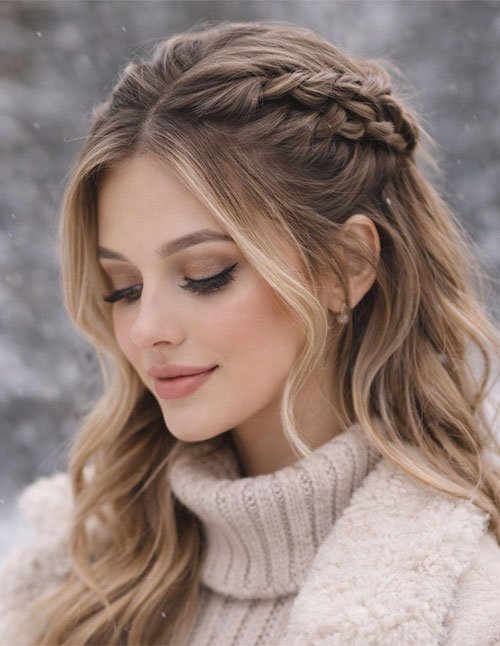 Half-up winter hairstyle with two side braids pinned back on long wavy blonde hair.