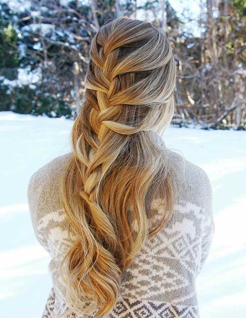 Back view of a woman with long blonde hair styled in a half-up French braid, featuring a smooth braid blended into loose flowing waves in a winter setting.