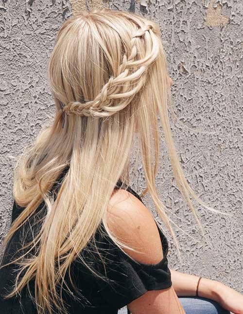 Side view of a woman with blonde hair styled in a half-up waterfall braid, featuring cascading strands woven through a braid that wraps around the back.
