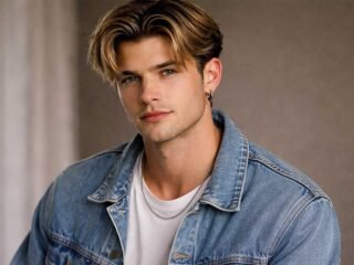 Man with iconic 90s curtain hairstyle featuring middle-parted layered hair and natural volume.