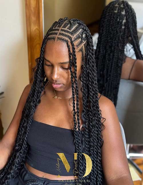 Island-inspired braids featuring neat cornrow sections that flow into long twists with soft, loose curls at the ends.