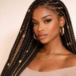 Girl with long knotless braids featuring golden highlights and gold hair cuffs.
