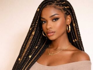 Girl with long knotless braids featuring golden highlights and gold hair cuffs.