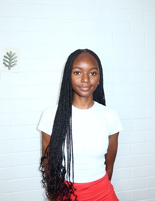 Knotless braids styled long with a sleek middle part and soft natural curls at the ends.