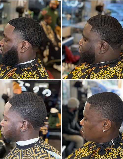 Four-photo collage showing side profiles of men with late-90s temple fades, featuring 360 waves on top and a clean, sharp lineup with faded temples.