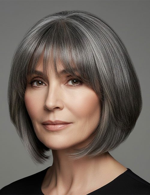 Woman with a layered gray bob and soft bangs covering the forehead.
