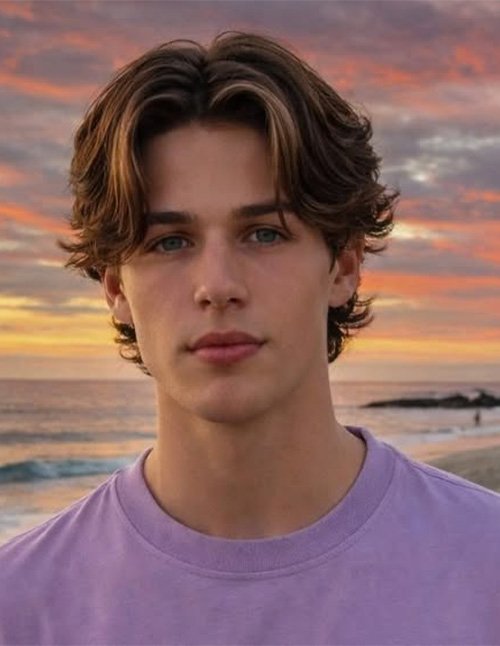 Young man with medium-length layered hair styled in a soft middle part, with textured waves that fall to the sides, photographed outdoors near the beach.