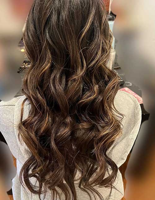 Back view of long hair styled in loose, soft ringlets with subtle caramel highlights.