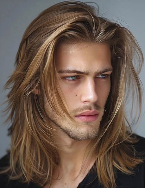 Man with long layered hair, face-framing pieces, and a soft side sweep, creating airy volume and movement.