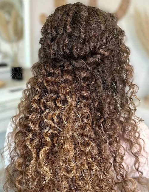 Back view of long, loose curly hair in a half-up twisted style.