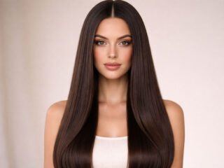 One girl with long, sleek, straight hair in a clean center part, glossy and smooth, wearing a light top against a soft neutral background.