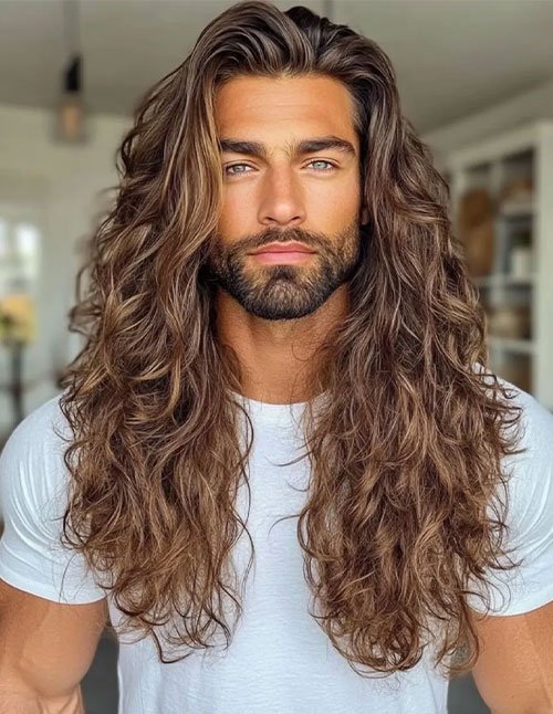 Front view of a man with very long wavy hair, layered for volume, with a loose side part and natural texture.