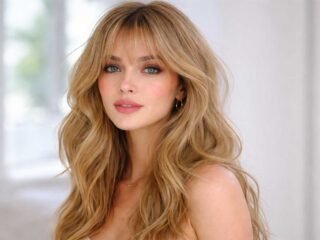Realistic portrait of a blonde woman with wavy hair and soft curtain bangs.