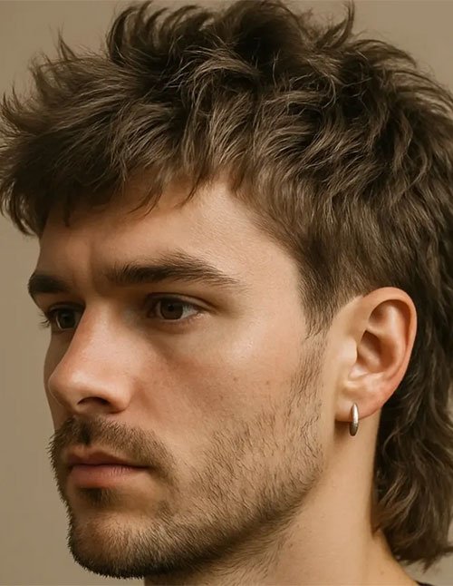 Man with modern mullet styling featuring textured layers on top and longer hair at the back.