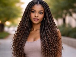 Black girl with long luxe knotless braids and loose curly ends, standing outdoors in soft natural light.