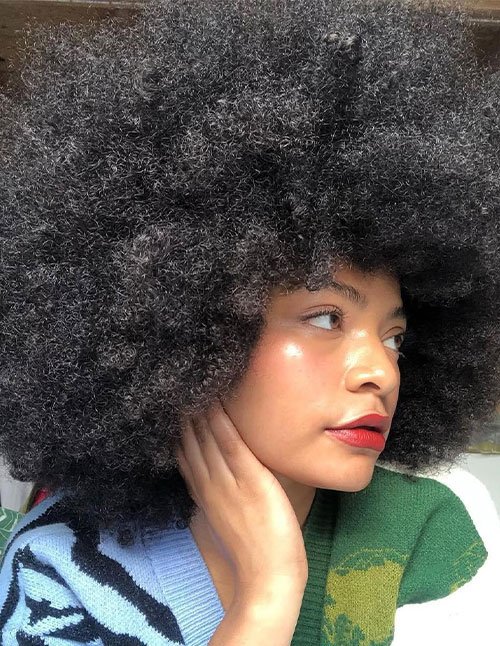 Natural big afro curls with full volume and soft texture framing the face.