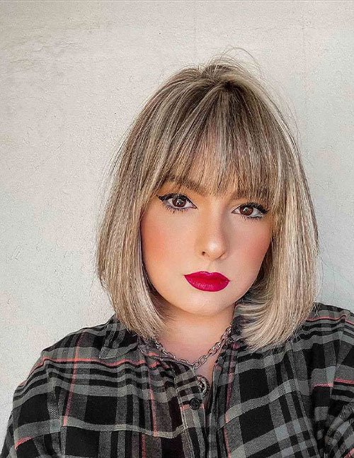 Neck-Length Bob with Bangs featuring a straight blunt bob and full fringe
