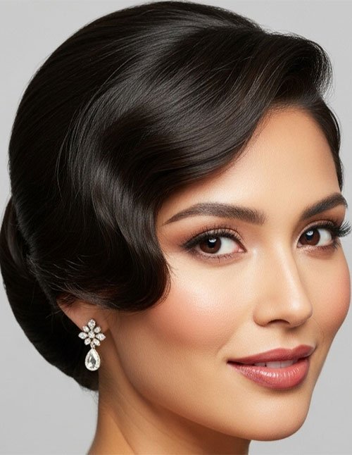 Modern sleek finger waves on short hair with a deep side part, styled for prom.