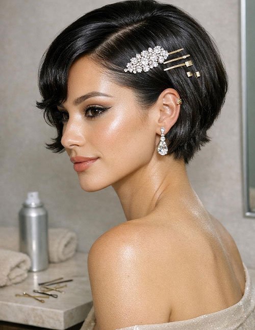 Sleek short bob styled with side-swept bangs and a sparkling rhinestone hair clip for prom.