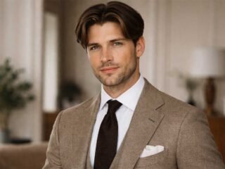 One man with a refined old-money middle-part haircut, neatly groomed with soft volume on top and clean, tapered sides, wearing a tailored suit indoors.