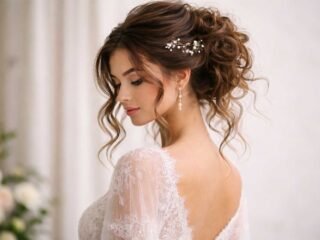 Bride in a lace wedding dress wearing a romantic curly updo with loose face-framing tendrils and a delicate floral hairpin.