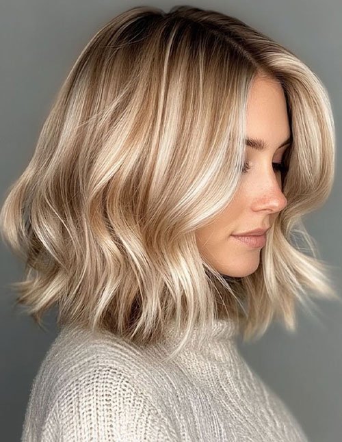 Side profile of a woman with short hair styled in clean, soft waves and a smooth, natural finish.