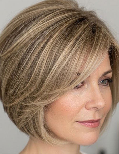Side view of a short layered bob with soft blonde highlights.