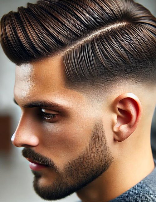 Side profile of a man with a sharp side part and a low fade haircut, featuring neatly combed hair on top and a smooth taper around the ear.
