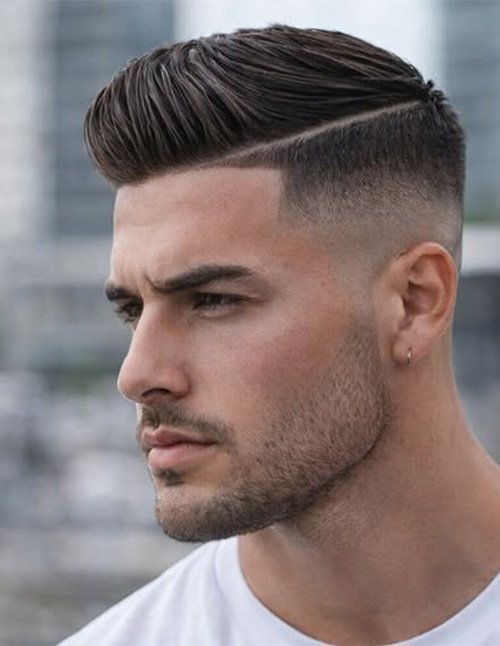 Man with a modern side part hairstyle featuring a faded undercut, neatly styled volume on top, and a sharp, clean hairline.