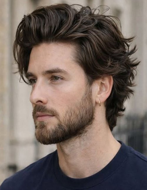 Man wearing side-swept layered medium-length hair, with natural volume, soft texture, and longer layers brushed back and to the side.