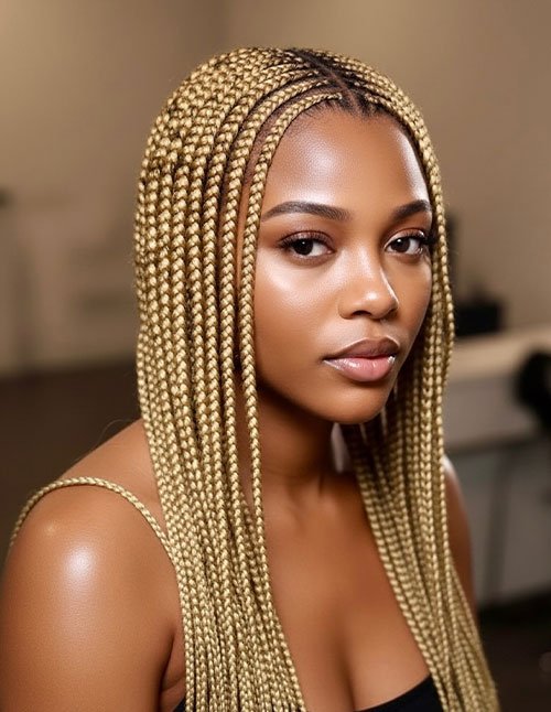 Sleek golden box braids with a clean middle part, styled smooth and straight with long, uniform braids framing the face.